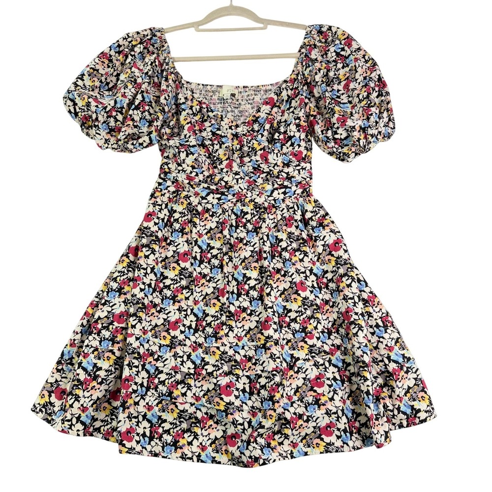 Pinch Floral Bubbled Puff Sleeve Mini Dress Black Smocked Babydoll 100% Cotton L